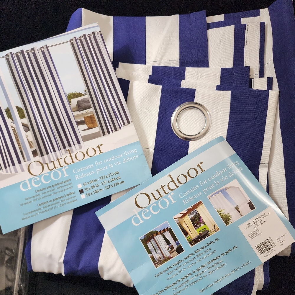 Outdoor Drapes Curtains Grommet Blue and White Stripped. Set Of 3 New With Tags - Picture 12 of 12